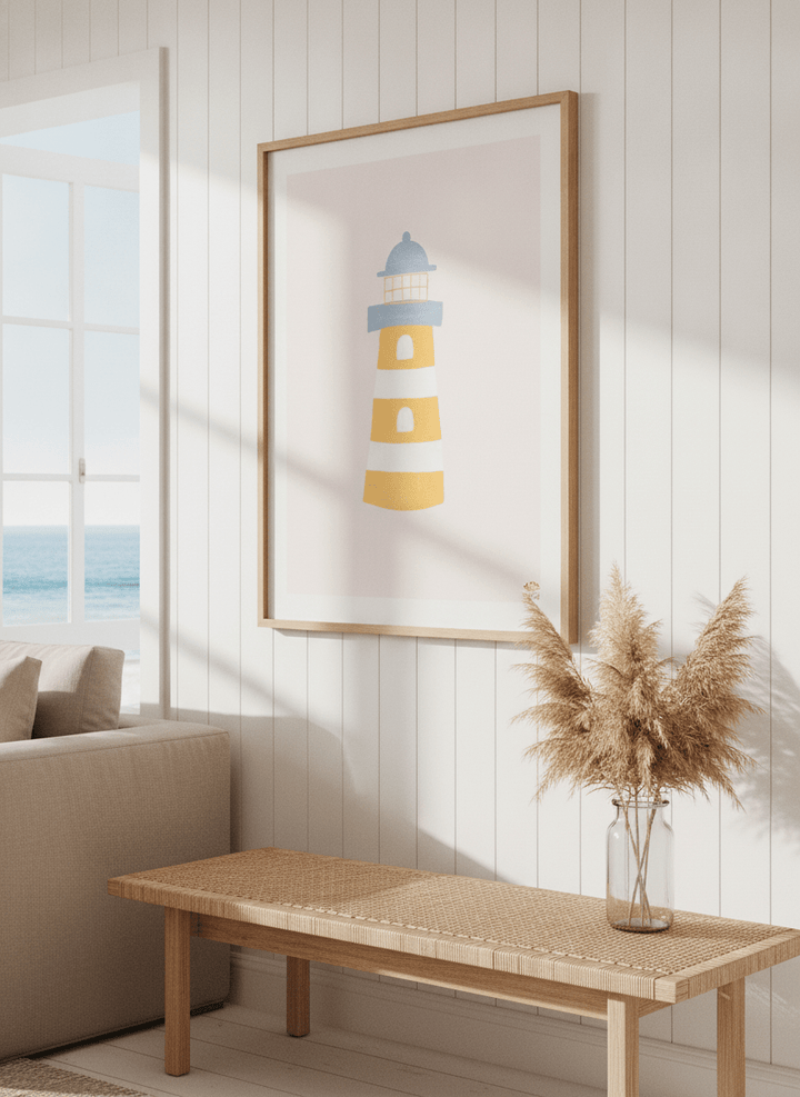 Neutral wall art displayed in a sunny coastal beach house