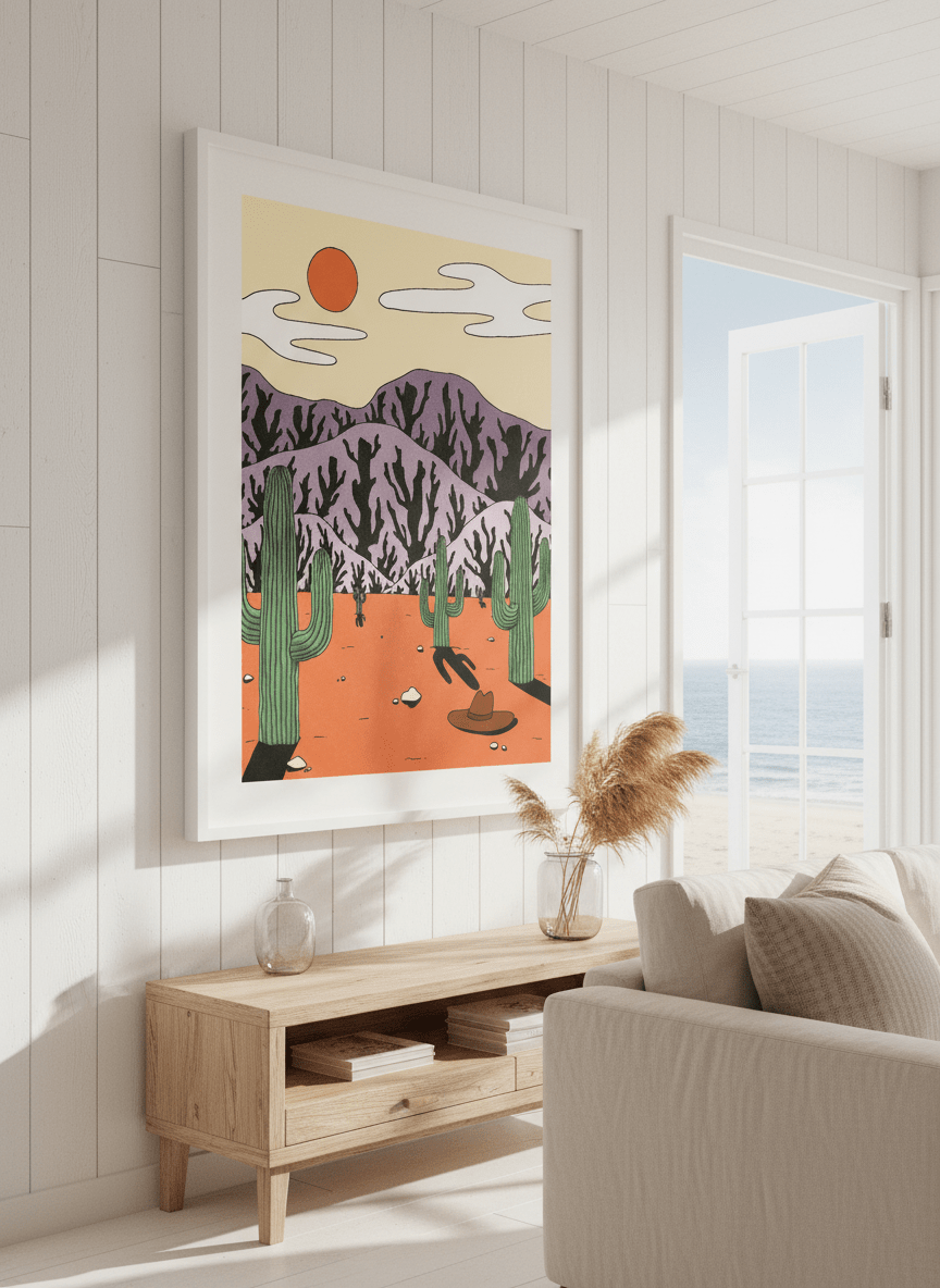 Neutral wall art displayed in a sunny coastal beach house