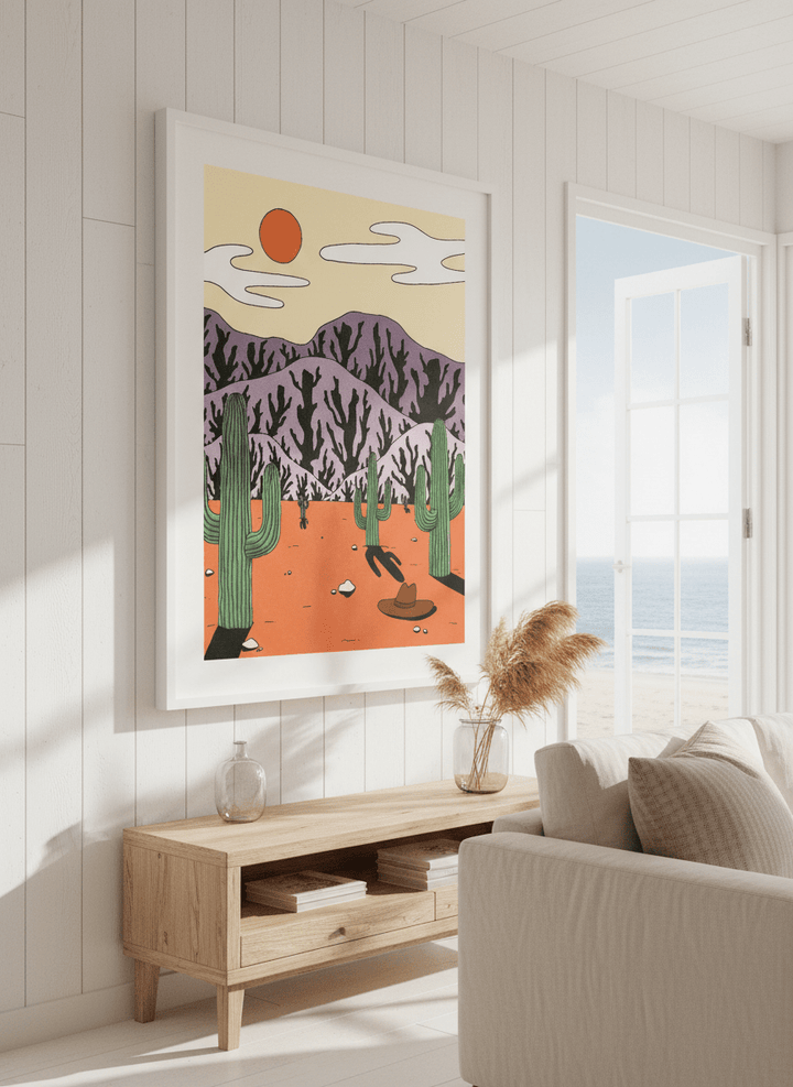 Neutral wall art displayed in a sunny coastal beach house