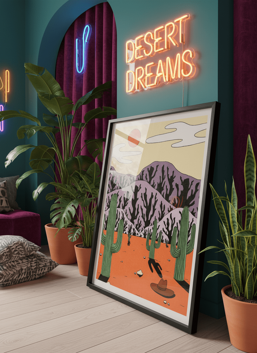 Bold wall art styled in a colourful, eclectic modern home