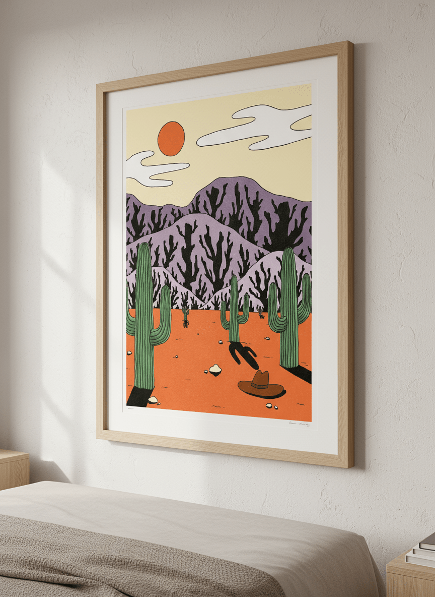 Minimalist artwork displayed in a calm, light-filled bedroom interior