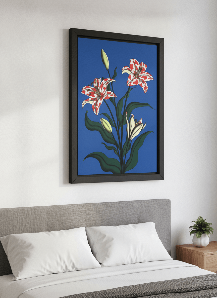 Minimalist artwork displayed in a calm, light-filled bedroom interior