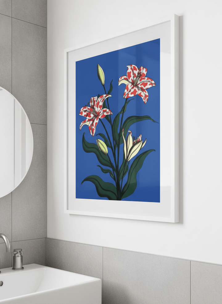 Modern print displayed in a clean minimalist bathroom setting