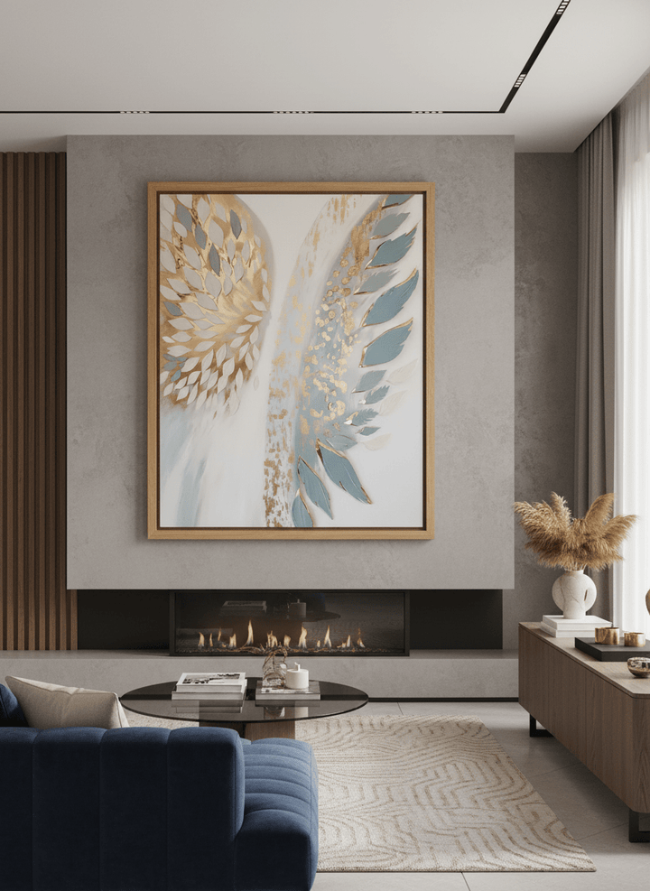 Monumental artwork centred on a feature wall in a luxe interior