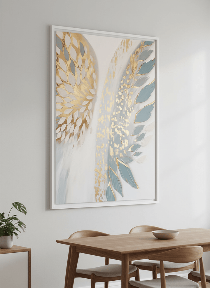 Wall art styled above a dining table in a contemporary home