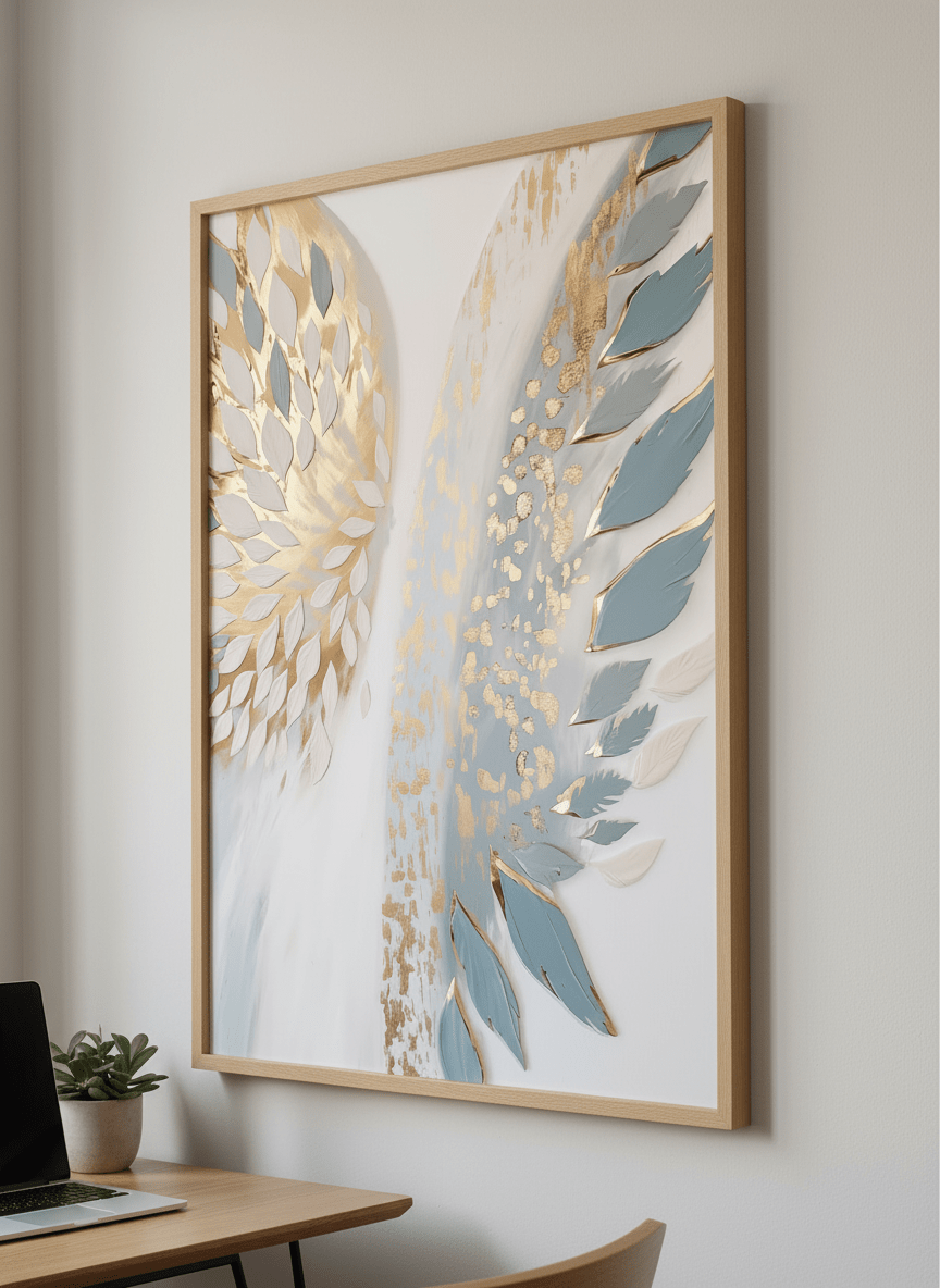 Contemporary wall art featured in a bright modern office workspace