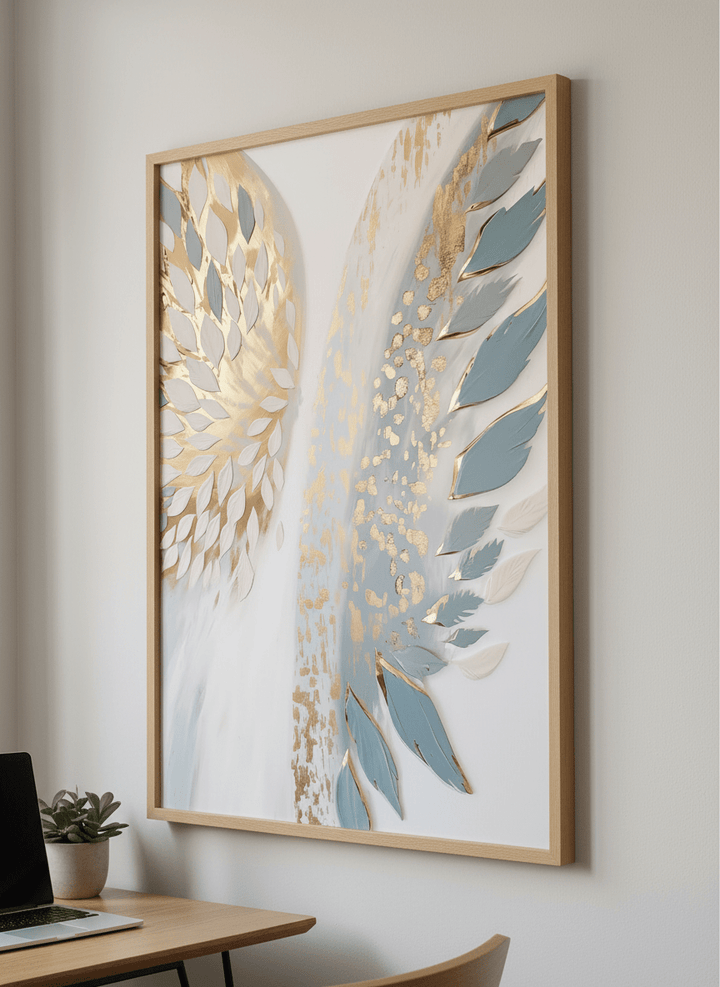 Contemporary wall art featured in a bright modern office workspace