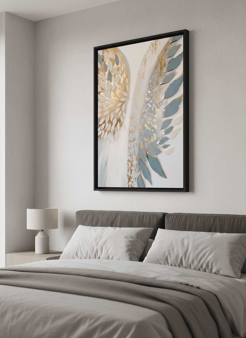 Minimalist artwork displayed in a calm, light-filled bedroom interior