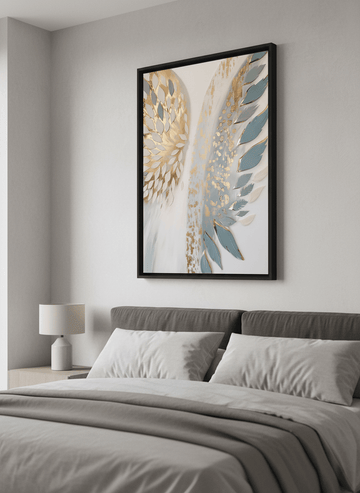 Minimalist artwork displayed in a calm, light-filled bedroom interior