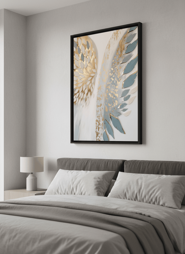 Minimalist artwork displayed in a calm, light-filled bedroom interior
