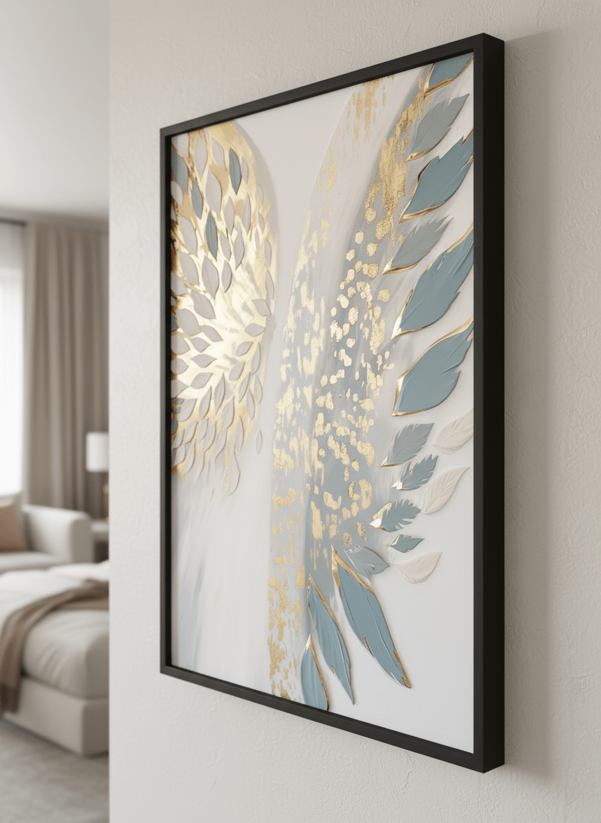 Minimalist artwork displayed in a calm, light-filled bedroom interior