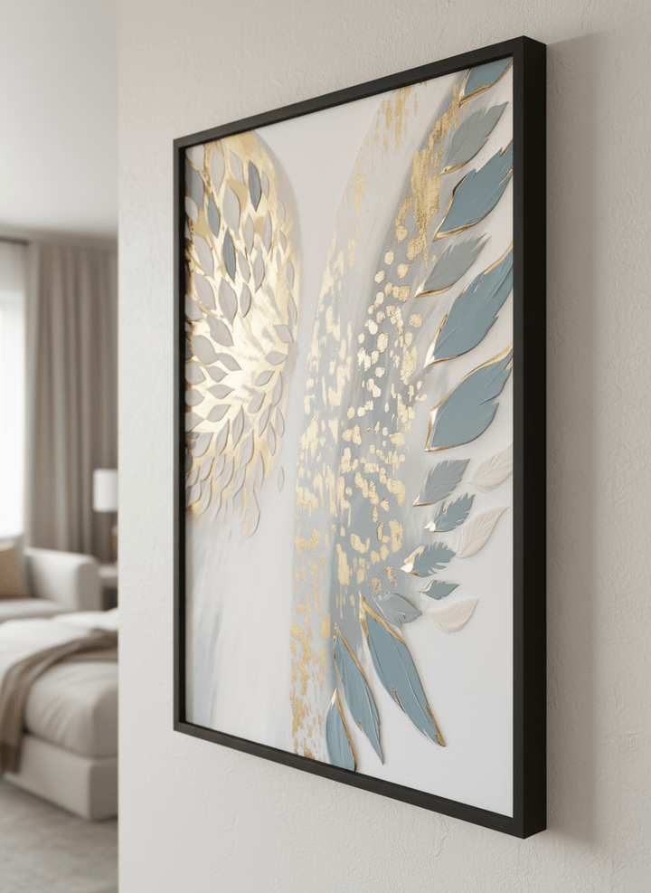 Minimalist artwork displayed in a calm, light-filled bedroom interior