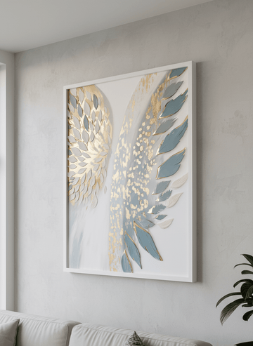 Modern wall art styled above a sofa in a neutral living room