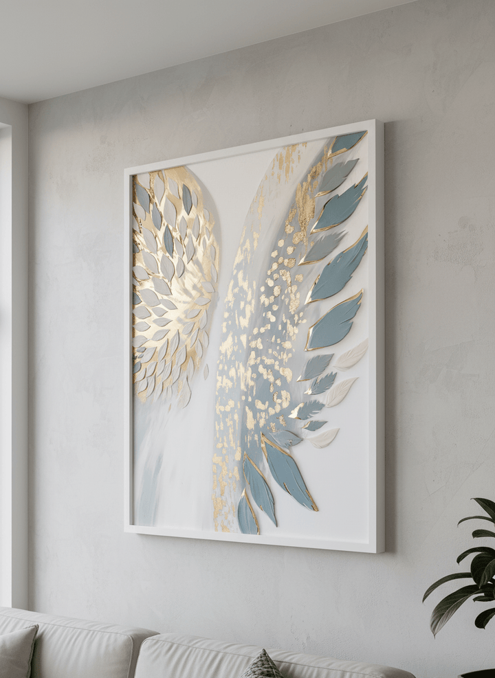 Modern wall art styled above a sofa in a neutral living room