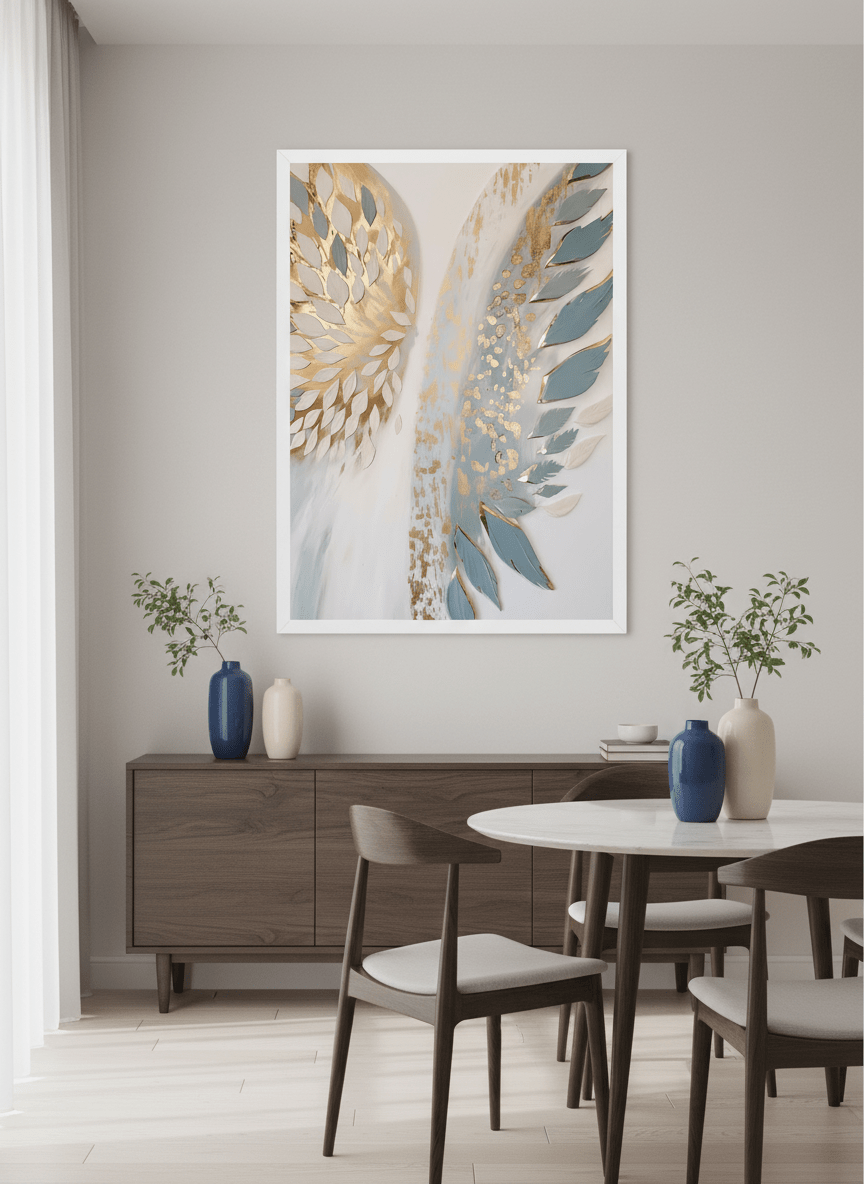 Wall art styled above a dining table in a contemporary home