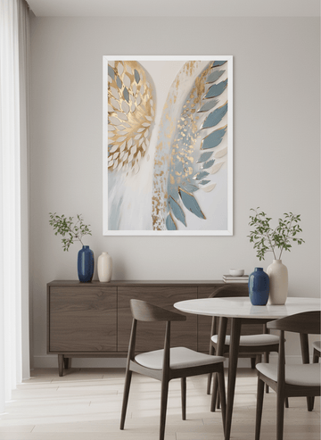 Wall art styled above a dining table in a contemporary home