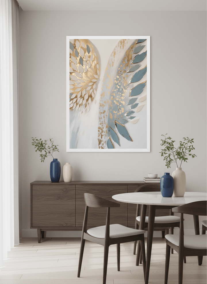 Wall art styled above a dining table in a contemporary home