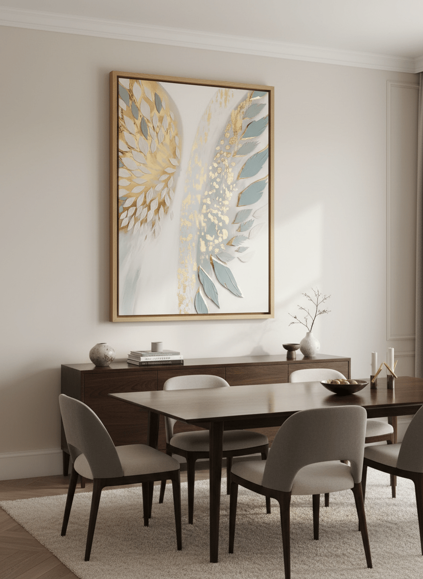 Monumental artwork centred on a feature wall in a luxe interior