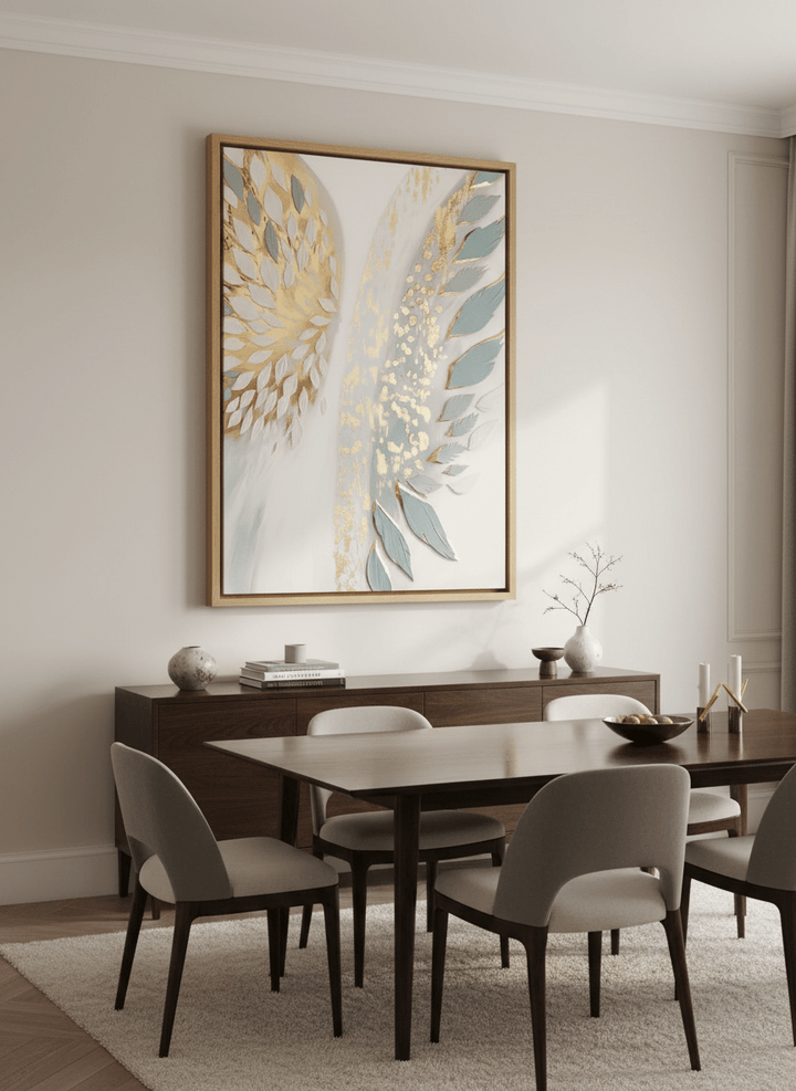 Monumental artwork centred on a feature wall in a luxe interior