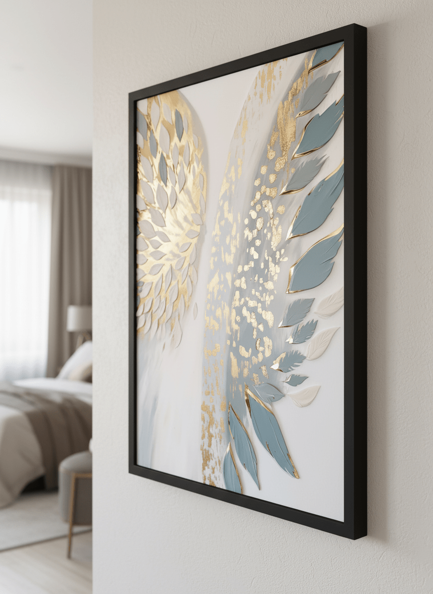 Minimalist artwork displayed in a calm, light-filled bedroom interior