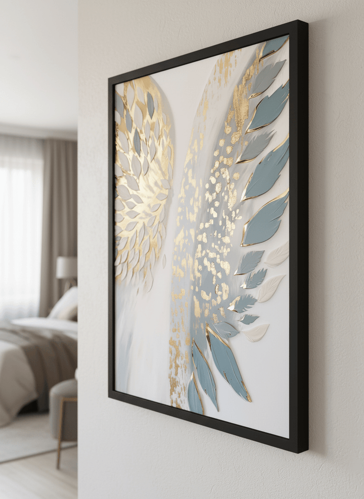 Minimalist artwork displayed in a calm, light-filled bedroom interior