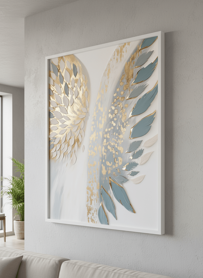 Modern wall art styled above a sofa in a neutral living room