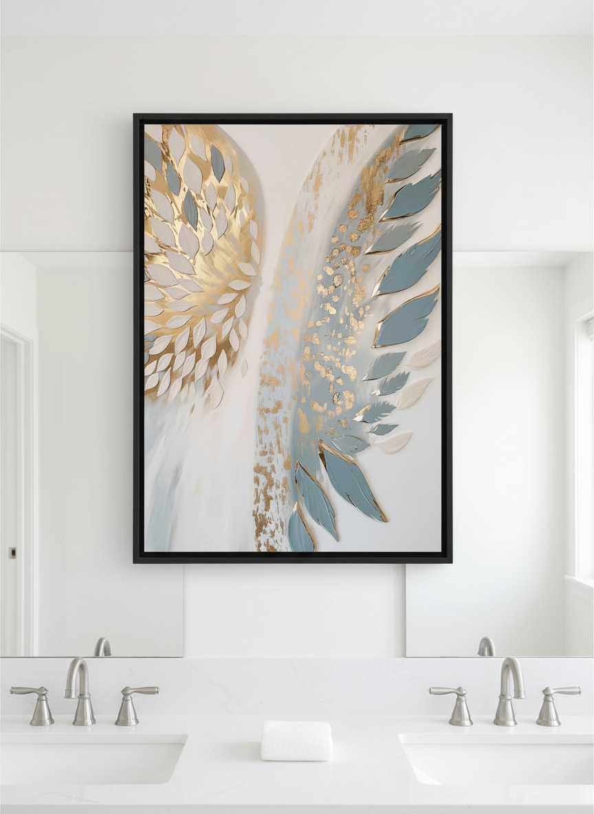 Modern print displayed in a clean minimalist bathroom setting