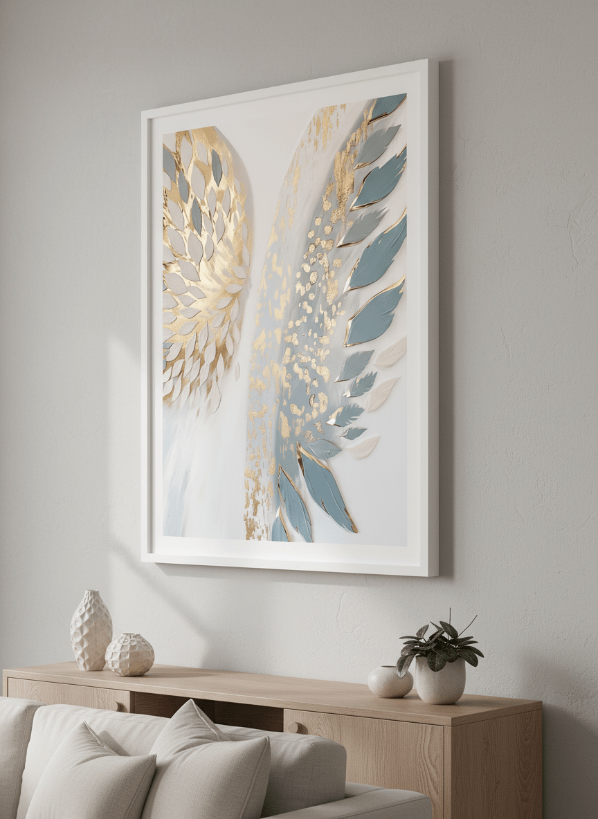 Modern wall art styled above a sofa in a neutral living room