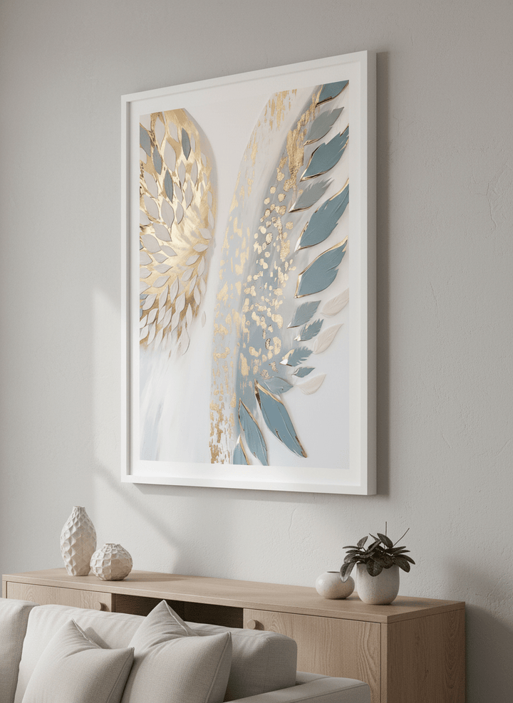 Modern wall art styled above a sofa in a neutral living room