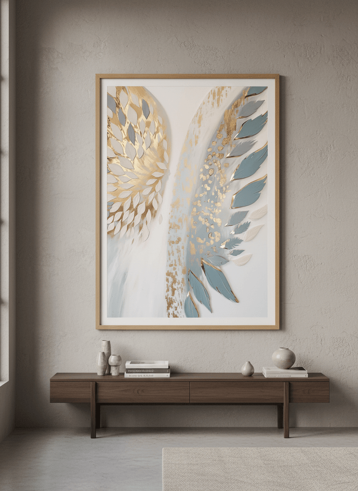 Monumental artwork centred on a feature wall in a luxe interior