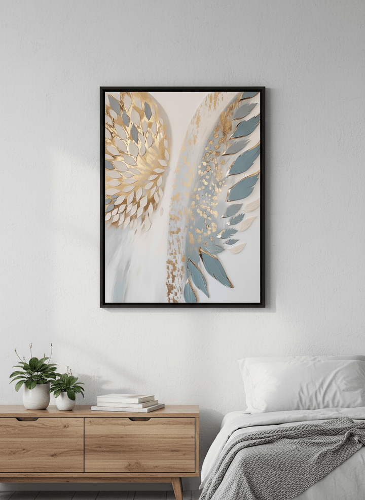 Minimalist artwork displayed in a calm, light-filled bedroom interior
