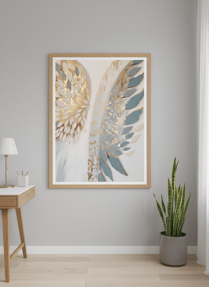 Contemporary wall art featured in a bright modern office workspace