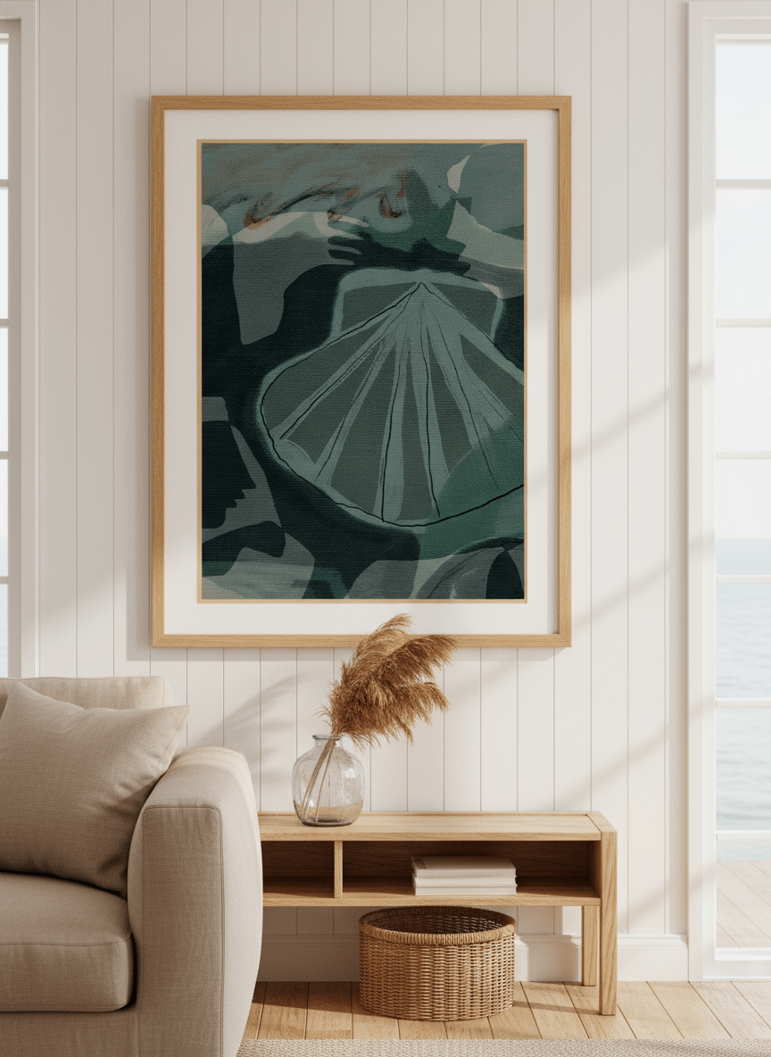 Neutral wall art displayed in a sunny coastal beach house