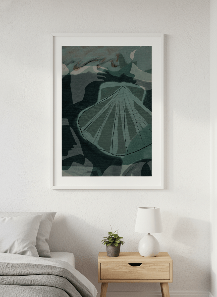 Minimalist artwork displayed in a calm, light-filled bedroom interior