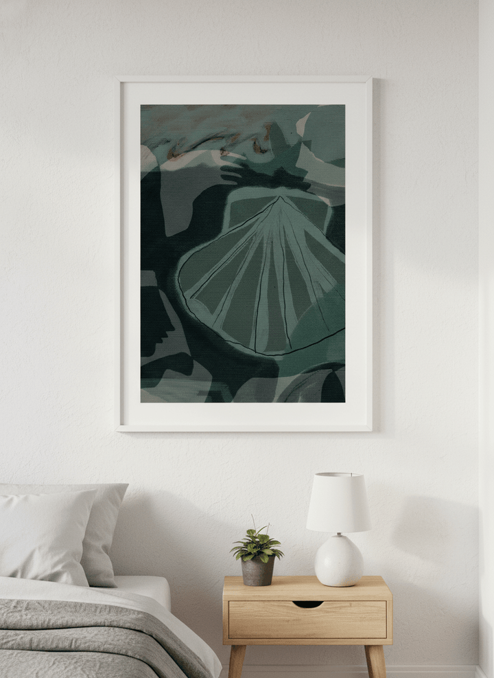 Minimalist artwork displayed in a calm, light-filled bedroom interior