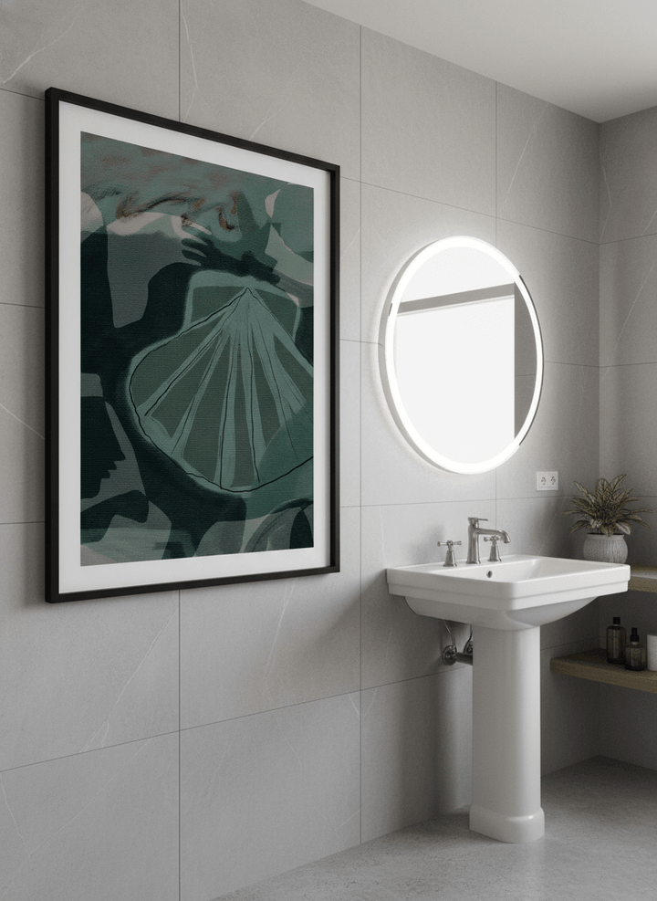 Modern print displayed in a clean minimalist bathroom setting
