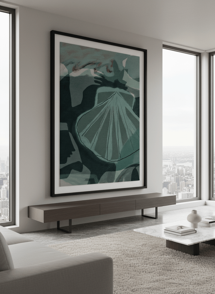 Monumental artwork centred on a feature wall in a luxe interior