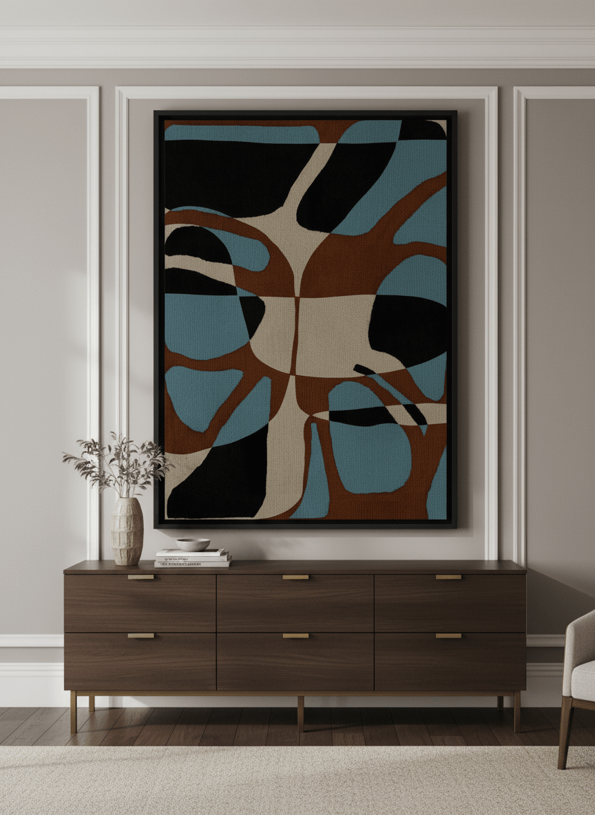 Monumental artwork centred on a feature wall in a luxe interior
