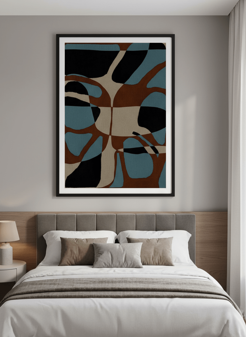 Minimalist artwork displayed in a calm, light-filled bedroom interior