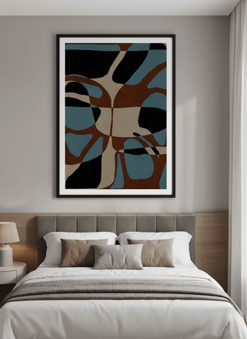 Minimalist artwork displayed in a calm, light-filled bedroom interior