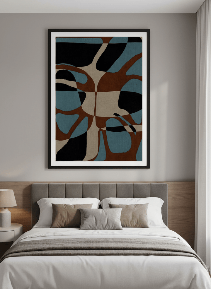 Minimalist artwork displayed in a calm, light-filled bedroom interior