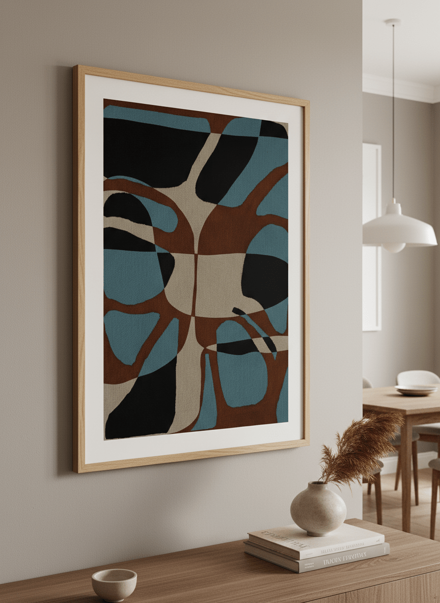 Wall art styled above a dining table in a contemporary home
