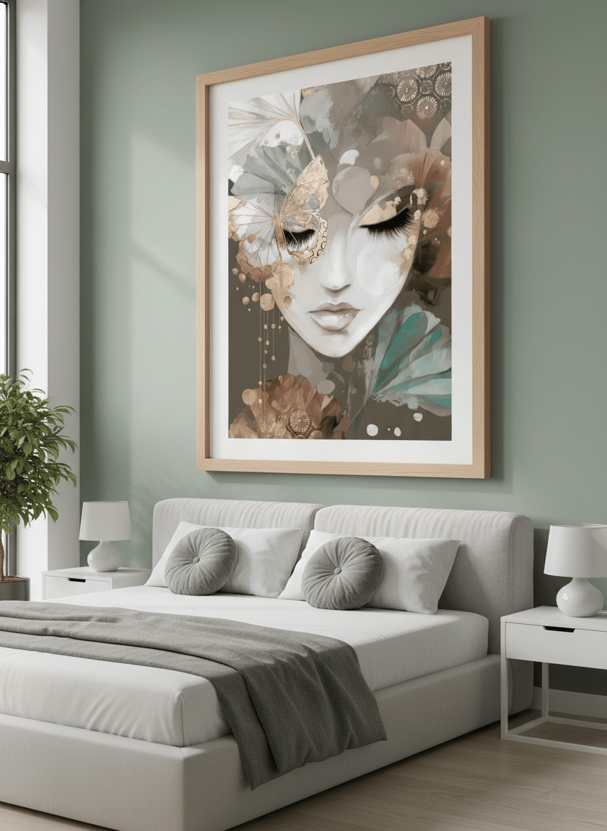 Minimalist artwork displayed in a calm, light-filled bedroom interior