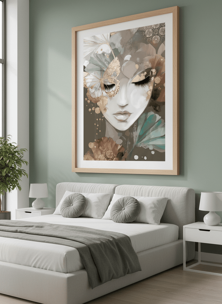 Minimalist artwork displayed in a calm, light-filled bedroom interior