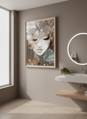 Modern print displayed in a clean minimalist bathroom setting