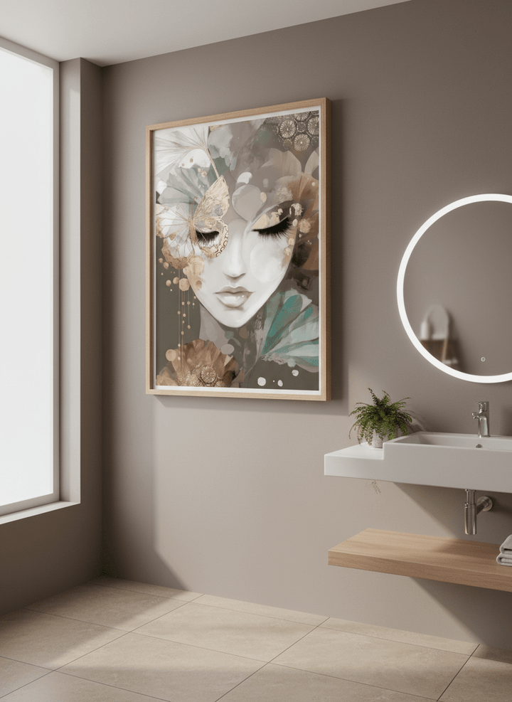 Modern print displayed in a clean minimalist bathroom setting