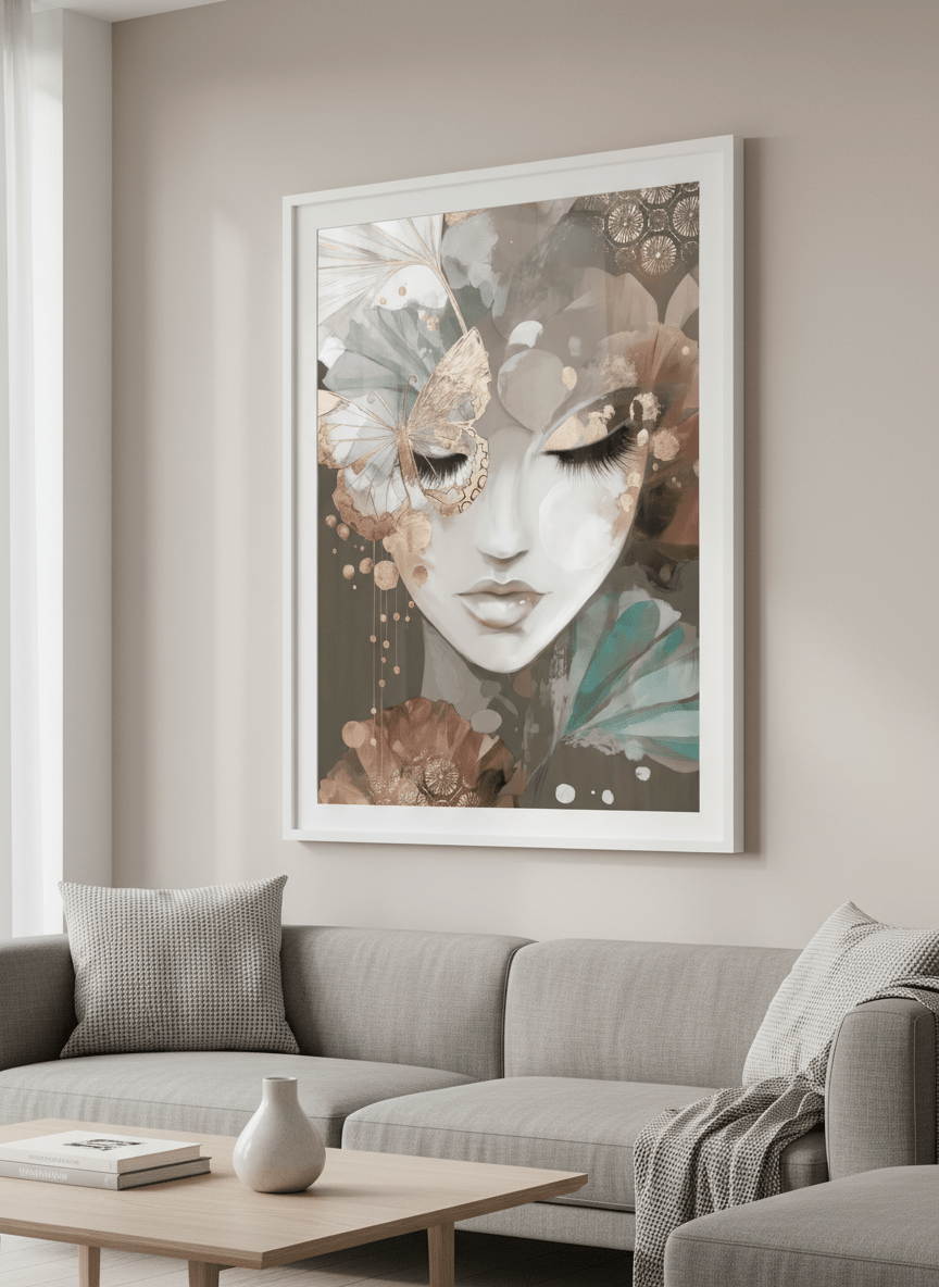 Modern wall art styled above a sofa in a neutral living room