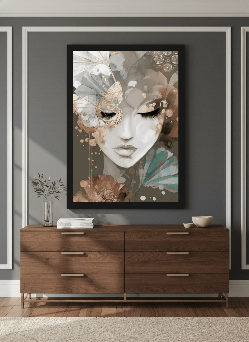Monumental artwork centred on a feature wall in a luxe interior