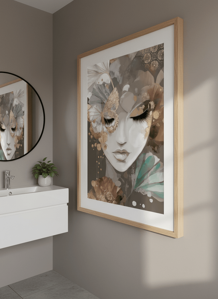 Modern print displayed in a clean minimalist bathroom setting