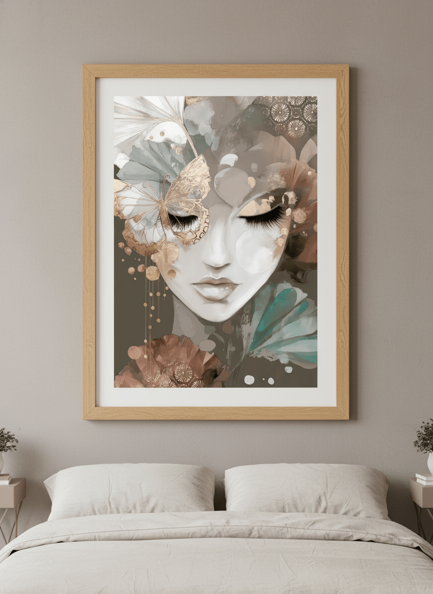 Minimalist artwork displayed in a calm, light-filled bedroom interior